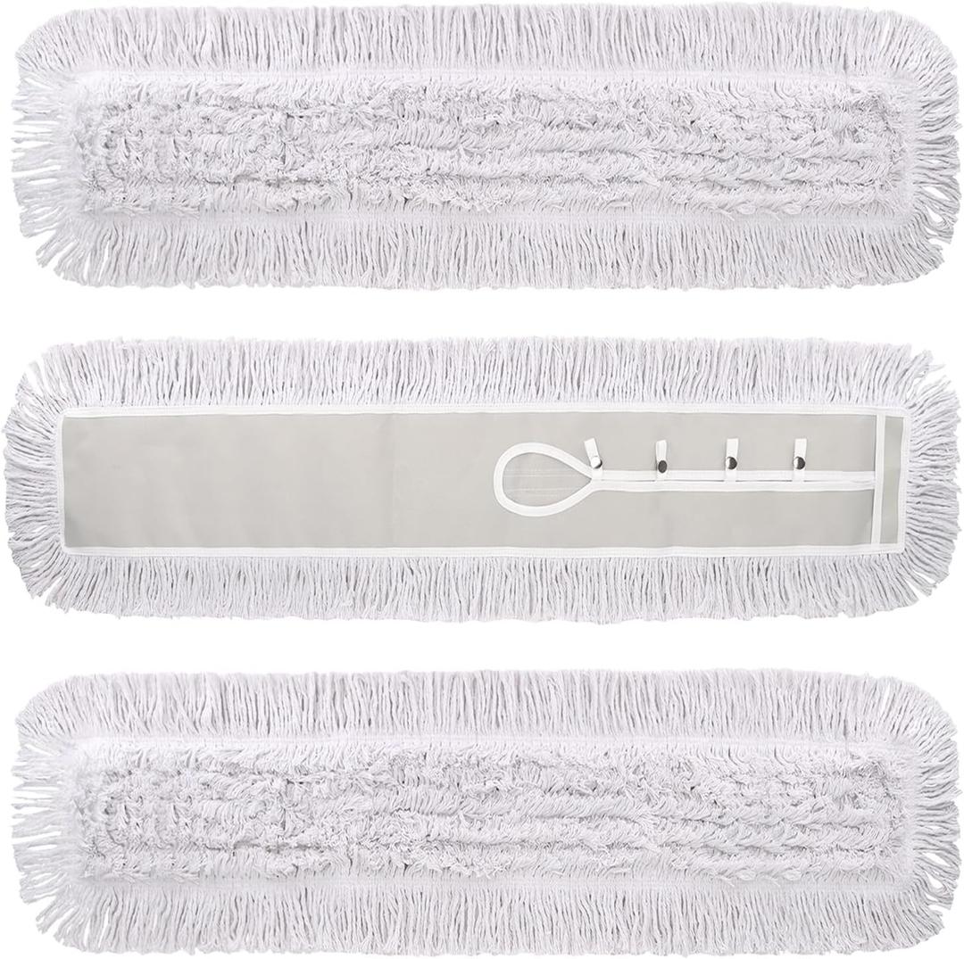 48 Inch Dust Mop Head: Replacement Medium Washable Commercial Mop Head Sweeper and Janitorial Replacement with Botton (White - 48 Inch, 3 Pack, Botton)