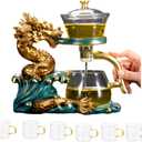 Glass Teapot Set Tea Maker with Infuser Semi Automatic Drip Rotating Cover Bowl Lazy Tea Set (Dragon, Teapot set)