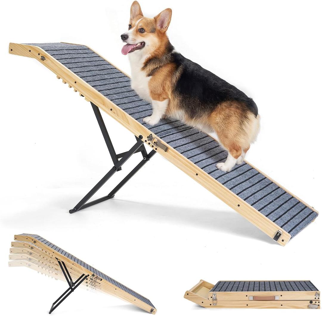 Veehoo Folding Dog Ramp for Bed Couch, 65" Long Stairs for Dogs to Get on High Bed with Platform and 5 Adjustable Height 20" to 31“, Wooden Senior Dog Ramp Steps for Small to Large Dogs, up to 220lbs
