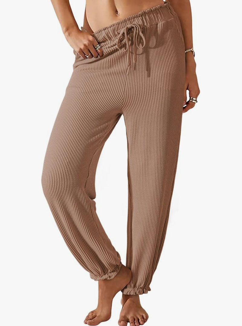Dokotoo Womens Casual Pants Drawstring Textured 2024 High Waisted Ribbed Fall Long Carrot Baggy Trousers with Pockets, 2XL