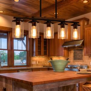 Farmhouse Dining Room Light Fixture Chandelier Over Table, 5-Light Kitchen Island Lighting with Rustic Wood Frame Island Lights, 32.4" Black Clear Glass Shade Farmhouse Chandeliers for Dining Room