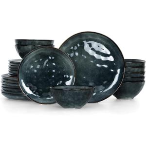Famiware Dinnerware Sets for 8, Ocean Round 24-Piece Kitchen Plates and Bowls Sets, Microwave and Dishwasher Safe, Scratch Resistant, Deep Forest