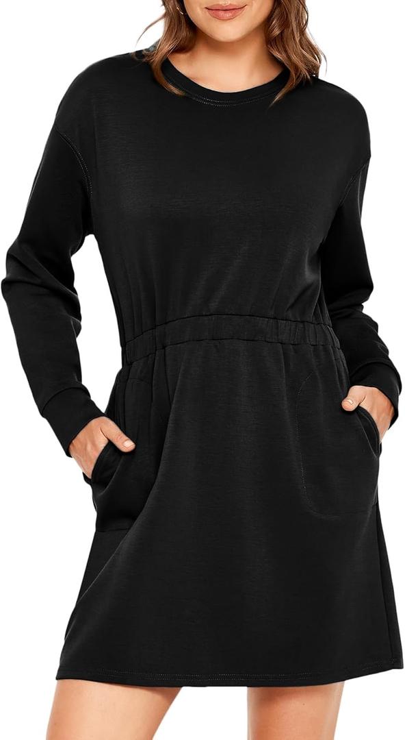Glamaker Womens 2024 Fall Sweatshirt Dresses Winter Long Sleeve T Shirt Dresses Air Essential Outfit Dress with Pockets (Large, #Black)