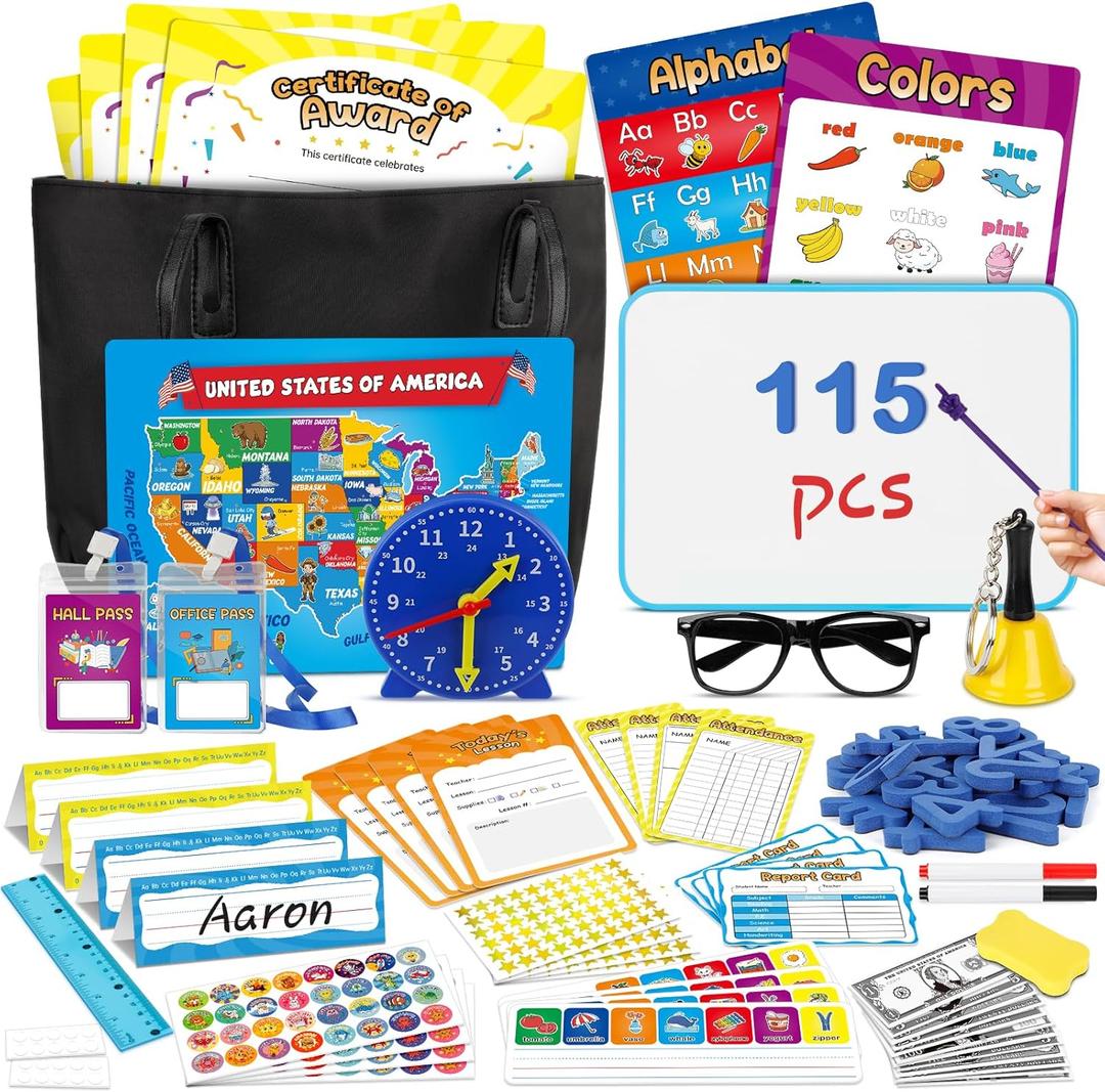 Pretend Play Teacher Set for Kids, Classroom Role Playset with Whiteboard, Magnetic Numbers, Alphabet Posters, USA Maps, Money Games, Teacher Supplies Educational Toys Gift for Boys Girls