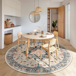 Area Rugs 8ft Washable Non-Slip, Floral Vintage Distress Print Pattern Medallion Carpet for Living Room Bedroom Dining Room, Beige Navy Blue Orange Colorful (round 8ft, Beige/Blue/Orange)