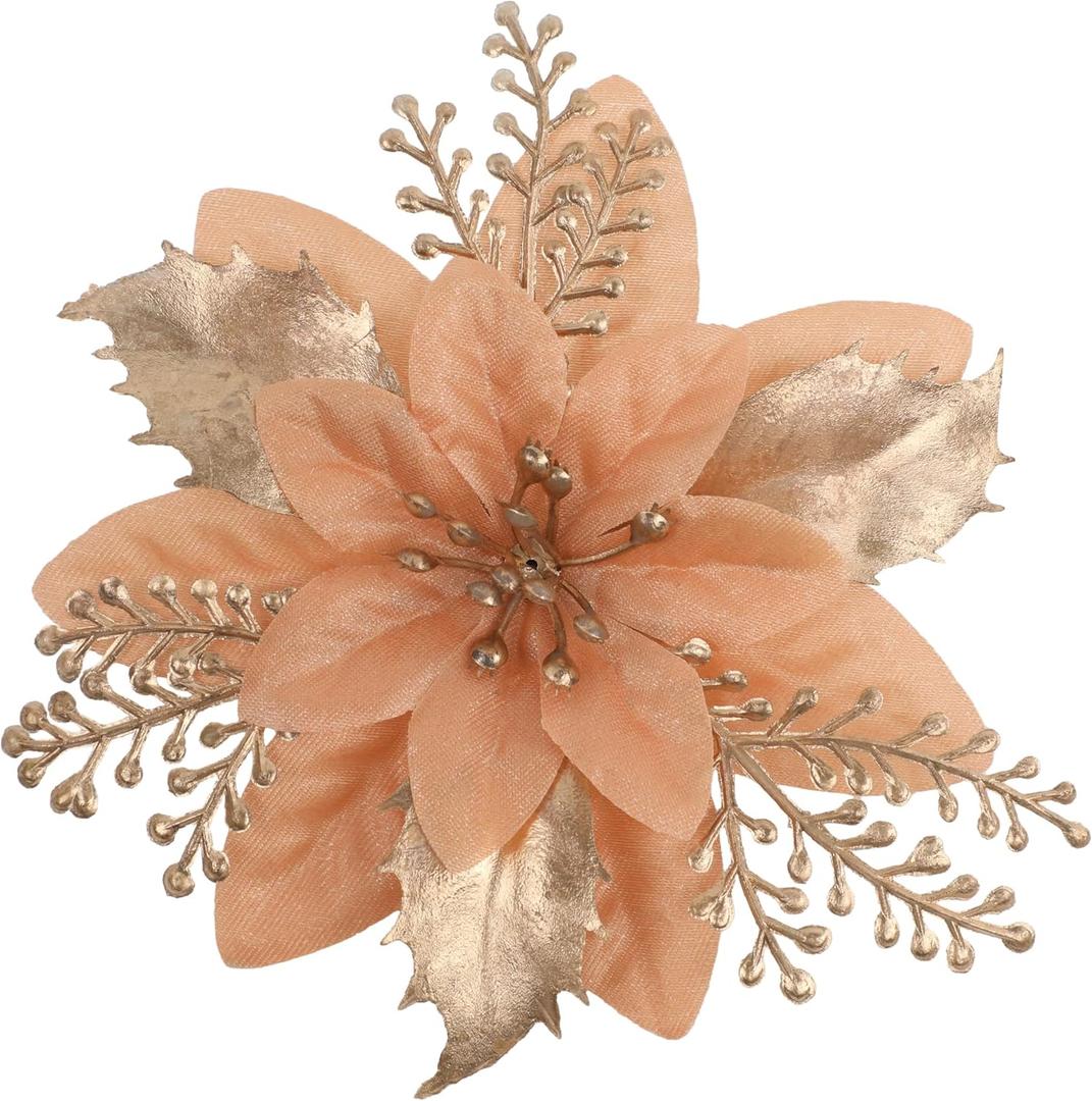 24 Pcs 6" Poinsettia Flowers for Christmas Tree Decorations with Clips and Stem, Artificial Flowers Decor for Tree Flower Decorations DIY Xmas Red Christmas Ornaments for Wreath Home Party, Champagne