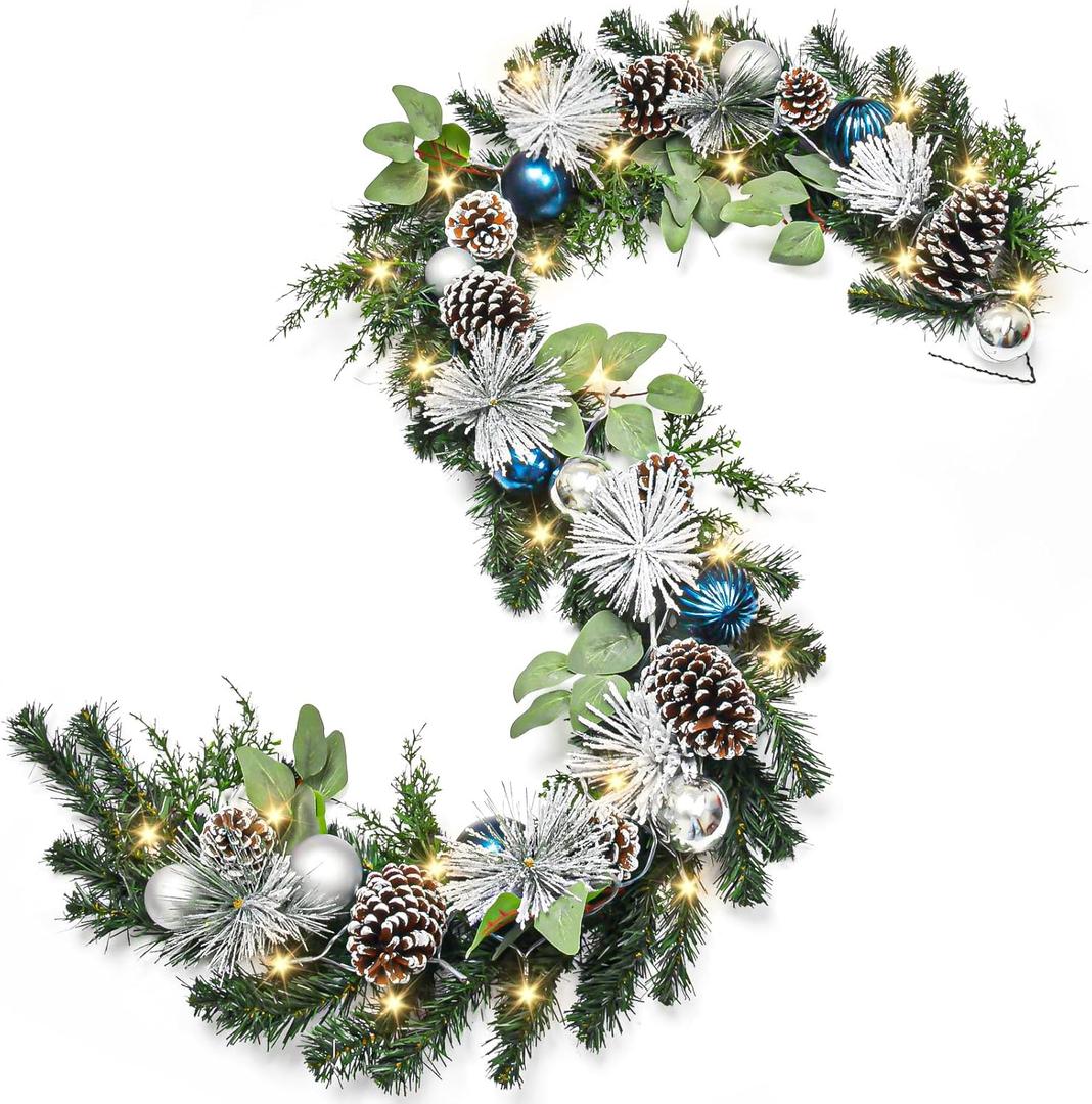 Christmas Garland with Lights, 6FT Prelit Christmas Garland Battery Operated Xmas Garland with Christmas Blue Balls, Pine Cones and Pine Needles for Mantle Fireplace Staircase Porch Decor