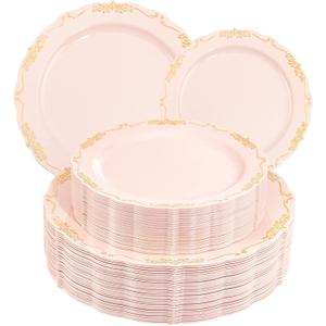 DaYammi 60 PCS Pink Gold Plastic Plates, Pink Disposable Plates with Gold Rim Include: 30 Dinner Plate, 30 Dessert Plate for Party, pink plastic plates with Vintage lace for Wedding