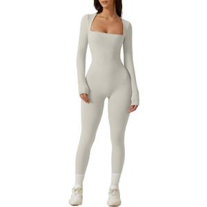 QINSEN Womens Sexy Square Neck Long Sleeve Full Length Leggings Bodycon Stretch Jumpsuit (White, Large)