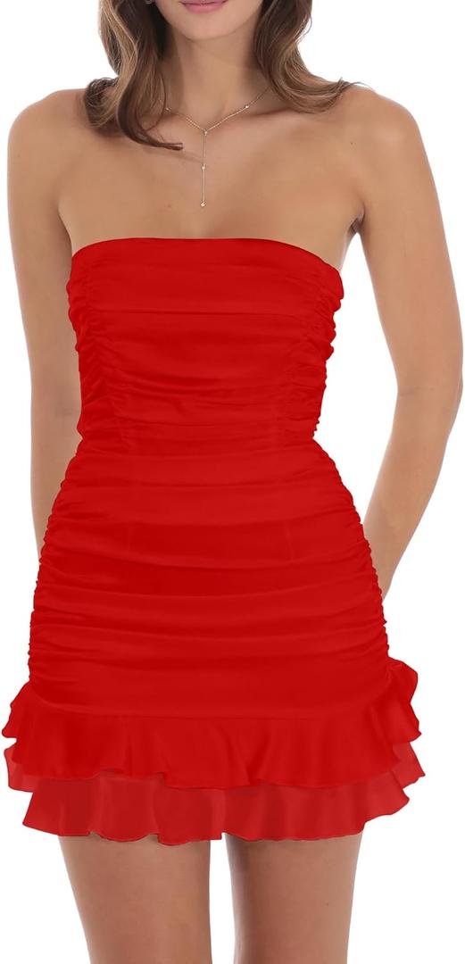 Mizoci Women's Sexy Tube Top Bodycon Mini Dress Strapless Ruffle Bow Back Ruched Party Short Dresses (Red, S)