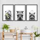 Adorable Raccoon Bathroom Wall Art Decor Set of 3 24x16 Inch Modern Funny Bathroom Sign Wood Framed Rustic Farmhouse Interestring Washroom Animal Prints Wall Hanging (Black) (24L" x 16W", Black)