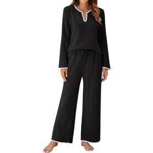 Blooming Jelly Womens 2 Piece Pajama Sets Fall Ribbed Color Block Lounge Set Fleece Long Sleeve Pj Sleepwear Pockets (Medium, Black)