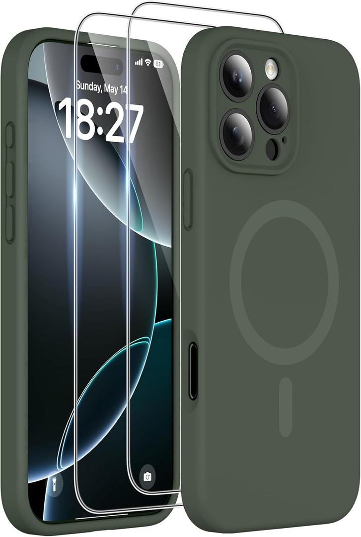Magnetic for iPhone 16 Pro Max Case, Compatible with MagSafe, Two 9H Screen Protectors, Full Camera Protection, Military-Grade Protection Silicone Phone Cover for 16 Pro Max 6.9", Dark Green