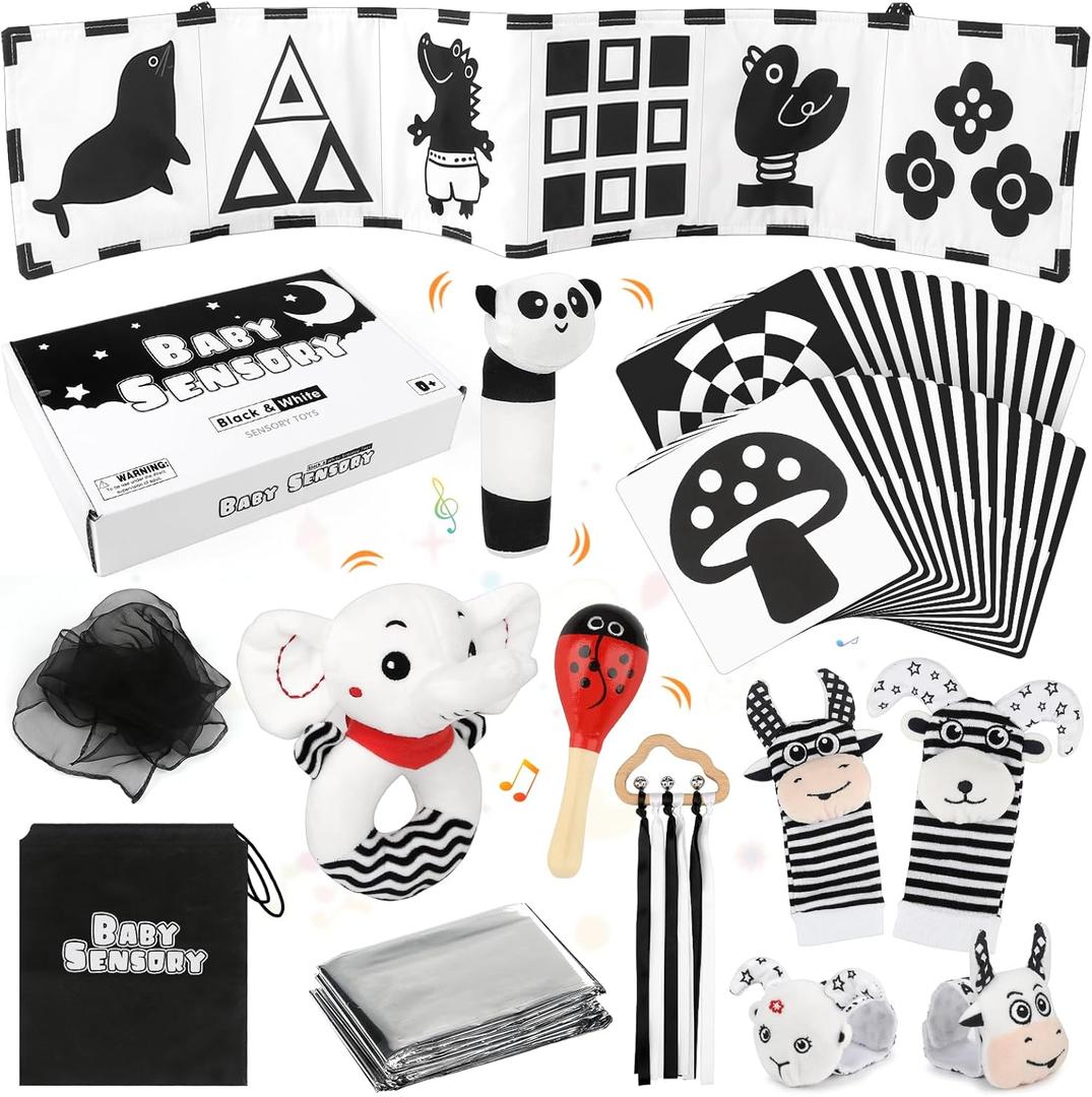 Dreamon 12PCS High Contrast Black and White Baby Sensory Toys, Newborn Tummy Time Toys with Rattle, Soft Book & Flash Cards, Montessori Infant Toys for 0-12 Months Boys Girls Shower Gifts