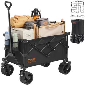 VEVOR 330lbs Collapsible Folding Wagon Cart, 220L Heavy Duty Foldable Beach Wagon with Big Wheels for Sand, Portable Outdoor Utility Garden Cart with All Terrain Wheels and Drink Holder