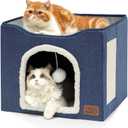 Bedsure Cat Beds for Indoor Cats - Large Cat Cave for Pet Cat House with Fluffy Ball Hanging and Scratch Pad, Foldable Cat Hideaway, 16.5x16.5x13 inches, Blue (Single)