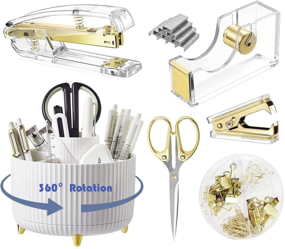 Desk Organizers and Accessories Set with 360-Degree Rotating Pen Holder, Acrylic Stapler, Tape Holder, Staple Remover, Binder/Paper Clips Kit, Scissor and 1 Box of Staples (Gold)