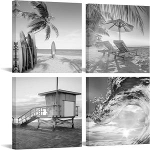LevvArts Black and White Beach Scene Wall Art Ocean Wave Picture Painting Tropical Seascape Canvas Print for Bedroom Bathroom Decor (Small)