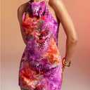 MakeMeChic Women's Floral Print Halter Dress Criss Cross Backless Party Short Dresses with 3D Flower (M)