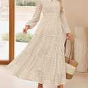 ZESICA Women's 2026 Spring Long Sleeve Maxi Dress V Neck Hollow Out Eyelet A Line Long Flowy Casual Party Dresses (Beige, L)