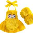 Guodeunh Baby Girl Halloween Costumes Chicken Embroidery Romper Bodysuit Furry Infant Toddler Chick Cosplay Outfit Leg Warmers (Chicken, 6-12 Months)