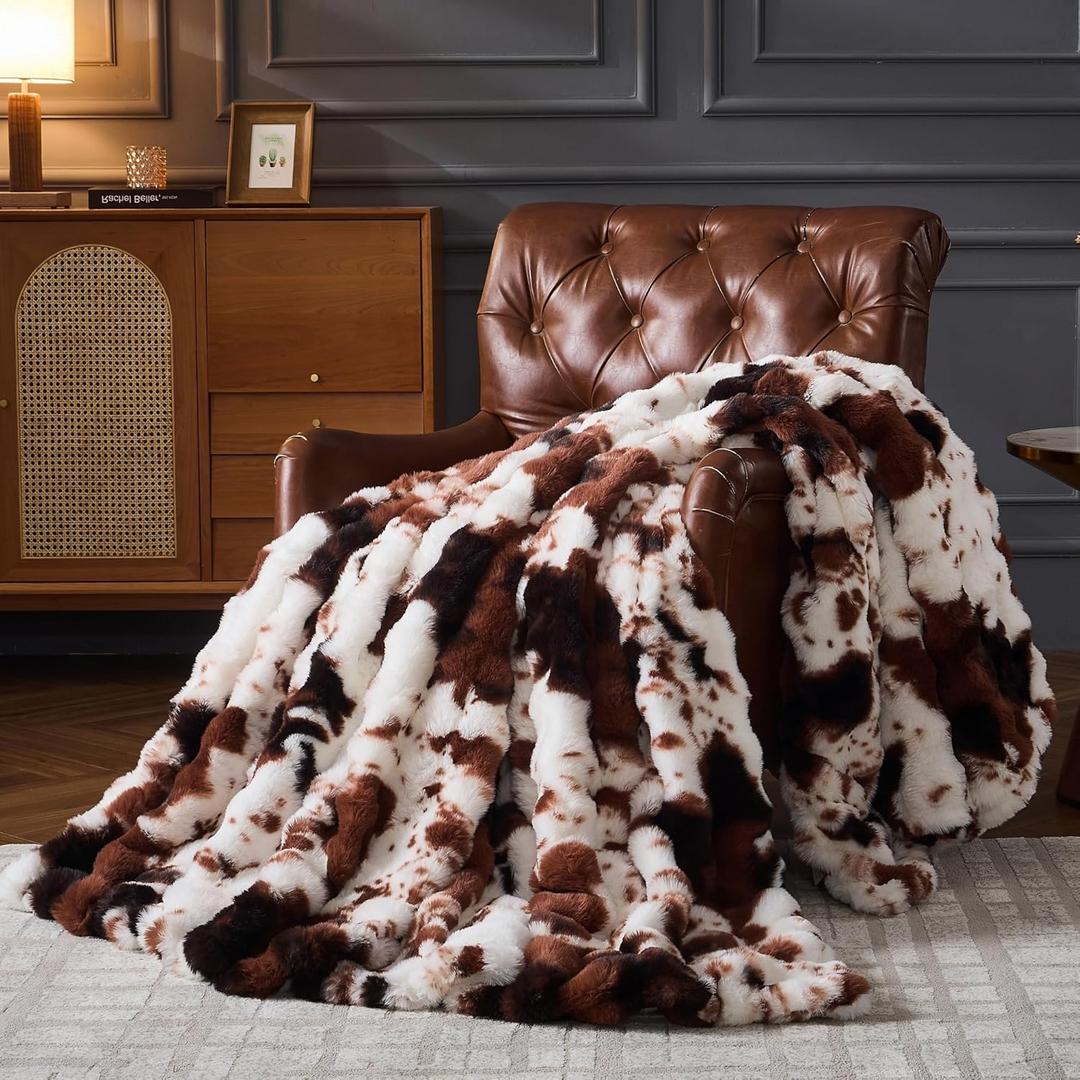 RYNGHIPY Faux Fur Blanket for Couch Cozy Fluffy Plush Bubble Bed Blanket Thick and Warm Throw Blanket for Sofa Bedroom Living Room Cow Print Blankets (Cow-Brown, 51''x63'')