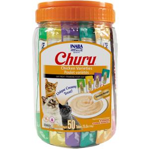 INABA Churu Cat Treats, Grain-Free, Lickable, Squeezable Creamy Pure Cat Treat/Topper with Vitamin E & Taurine, 0.5 Ounces Each Tube, 50 Tubes, Chicken Variety, Best By: 10.15.2025