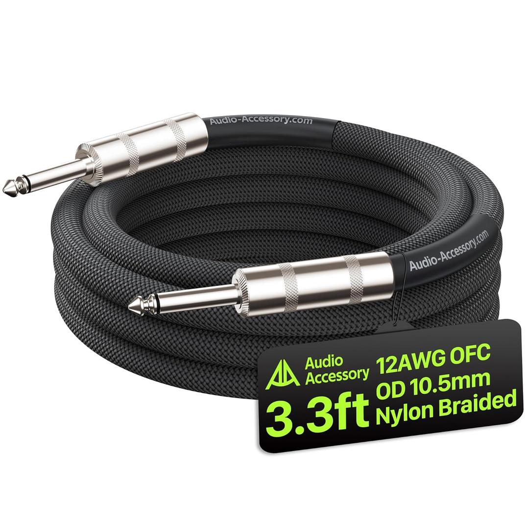12 AWG 10.5mm 1/4" TS Mono Speaker Cable 3.3ft Nylon Braided, Kevlar-Reinforced,Triple Shielded (2 OFC&Al-Foil), Noiseless Amp Head to Cabinet TS Cable, for Marshall Boss Orange EVH