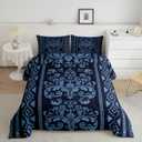 Comforter Set Queen Size,Navy Blue Aztec Damask 3 Pcs Bedding for Kids and Adults,Western Bohemian Baroque Goth Floral Victorian Comforter Sets with No Fitted Sheet 2 Pillowcases for Bedroom Bed Decor