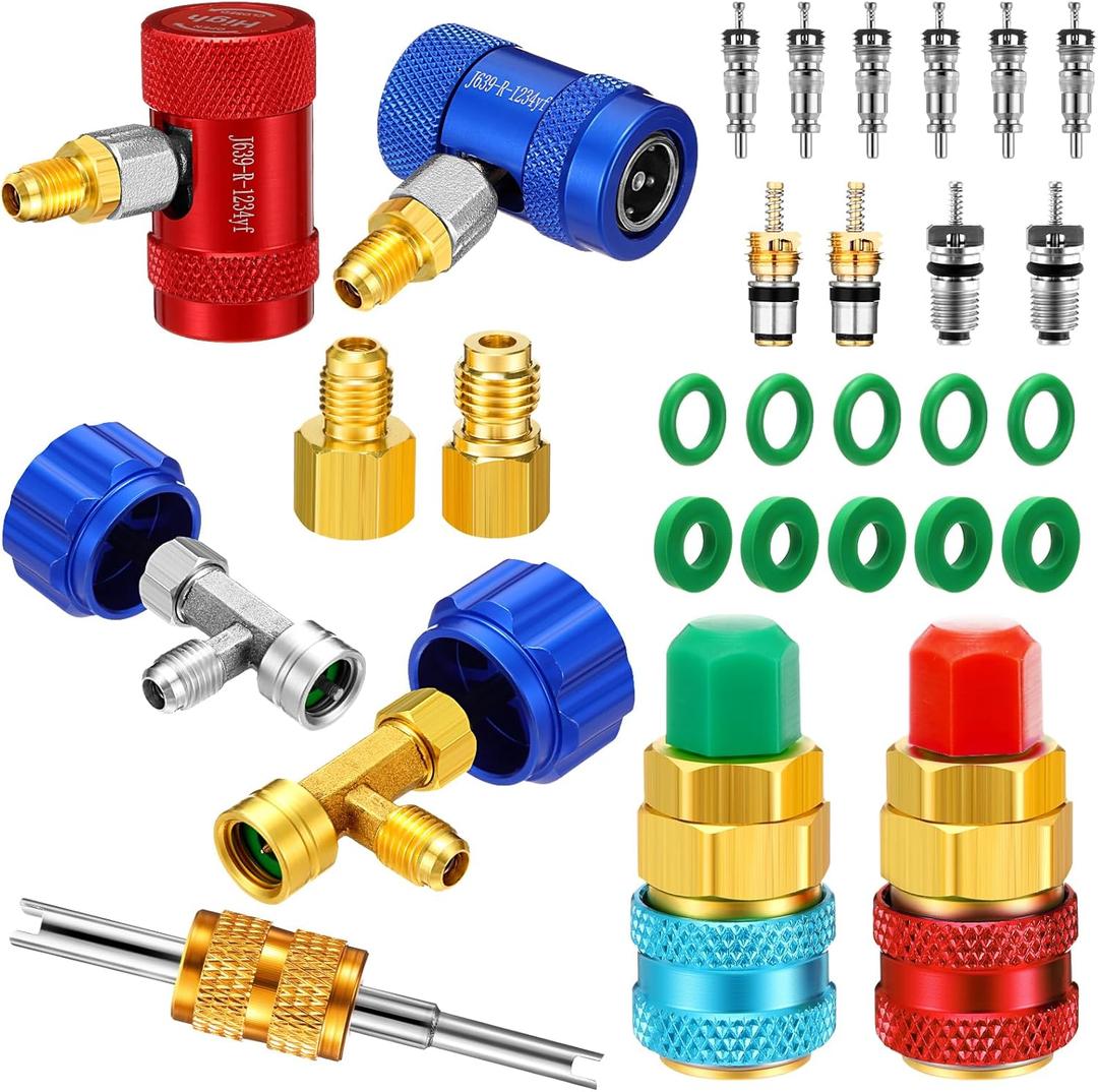 Yaocom 29 Pcs Automotive R1234YF Quick Couplers Kit, AC R1234YF Adapter and Self Sealing Can Tap Valve Core Remover R134a Adapters Coupler and Valve Core for Heating, Ventilation and Air Conditioning