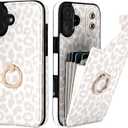 HAOPINSH for iPhone 16 Plus Wallet Case with Card Holder, 360Rotation Ring Kickstand, White Leopard Pattern, RFID Blocking Leather for Girls Women, Double Buttons Protective Cover 6.7"