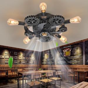 20" Retro Industrial Steampunk Ceiling Fans with Lights and Remote,Low Profile Flush Mount Bladeless Ceiling Fan with Light,Nautical Style 6 Speeds for Bedroom Kitchen Island Bar Cafe (Gear silver gray (With Light Bulb)