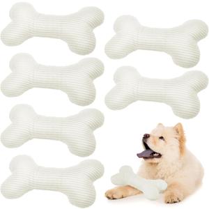 Poen 6 Pcs Bone Shaped Plush Squeaker Dog Birthday Toy Soft Stuffed Calming Toy with Squeaker for Small Medium Pet Dogs Puppy Chew Claw Interactive Fetch, 8. 27 x 4. 72 Inch White