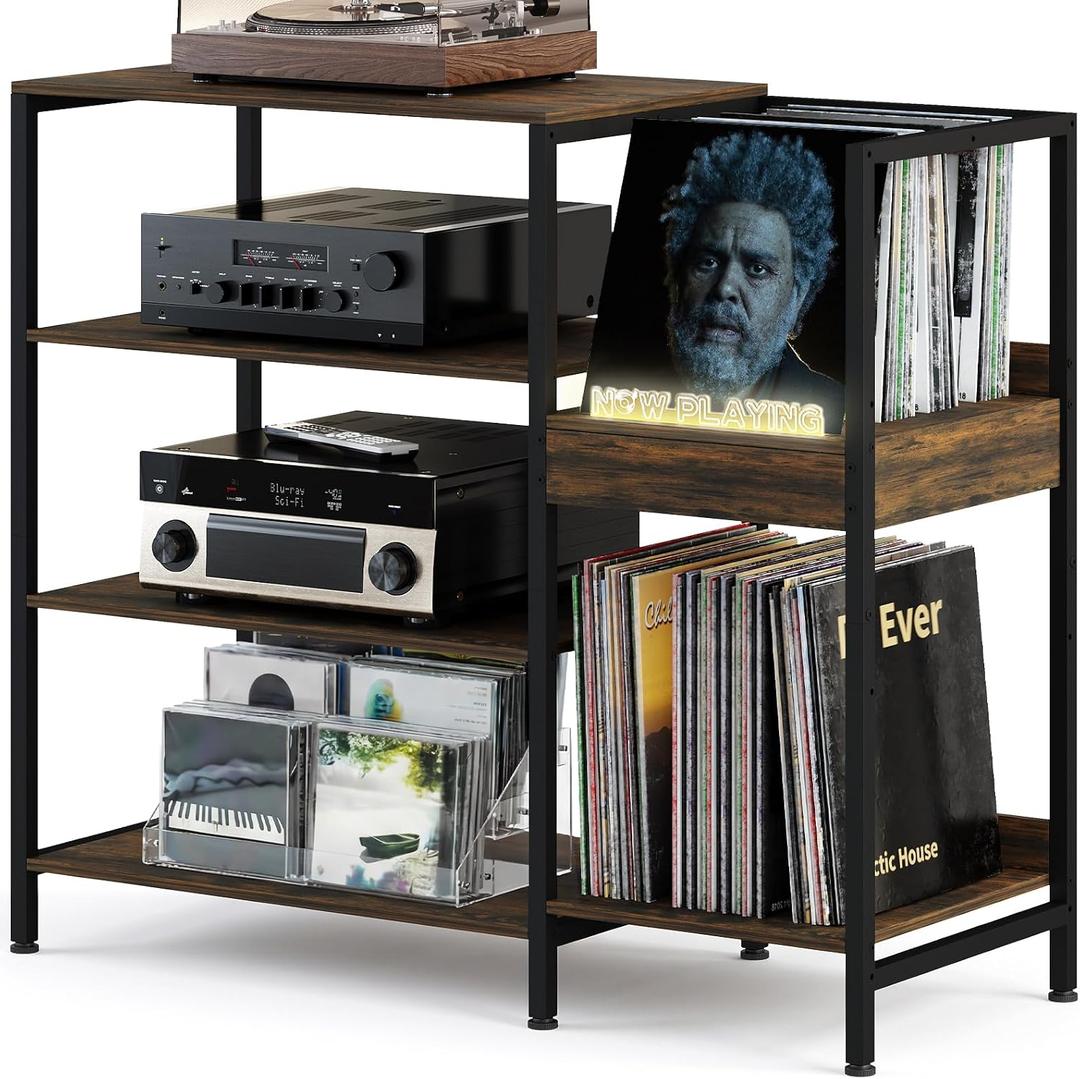 Record Player Stand with LED Now Playing Sign, Industrial Vinyl Rack | 3-Tier Media Console Table for Turntable, Sturdy Shelving Unit for CDs, Books, Speakers, Vintage Industrial Decor