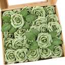 Meldel Artificial Flowers 25 Pack Elf Green Faux Foam Roses with Stems, Real Looking Fake Rose for DIY Wedding Bouquets, Bridal Shower Centerpieces, Party Table Decorations, Home Decor