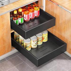 Pull out Cabinet Organizer, 21"Deep, 11.8"Wide Full-Extension Heavy Duty Slide out Drawers with Nano Adhesive, Roll Out Shelves Sliding Cabinet for Kitchen, Bathroom, Pantry,Under Sink Storage(Black)