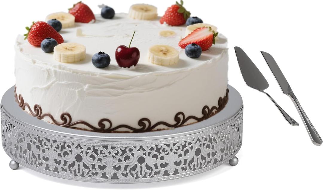 MTJYQTF Silver Cake Stand Set - Metal Round Cupcake Dessert Stand with Cake Cutting & Cake Spatula for Party, Candy Table Display for Wedding Birthday Baby Shower Housewarming Party CS003-pan-silver (12in-Silver-1 Pcs)