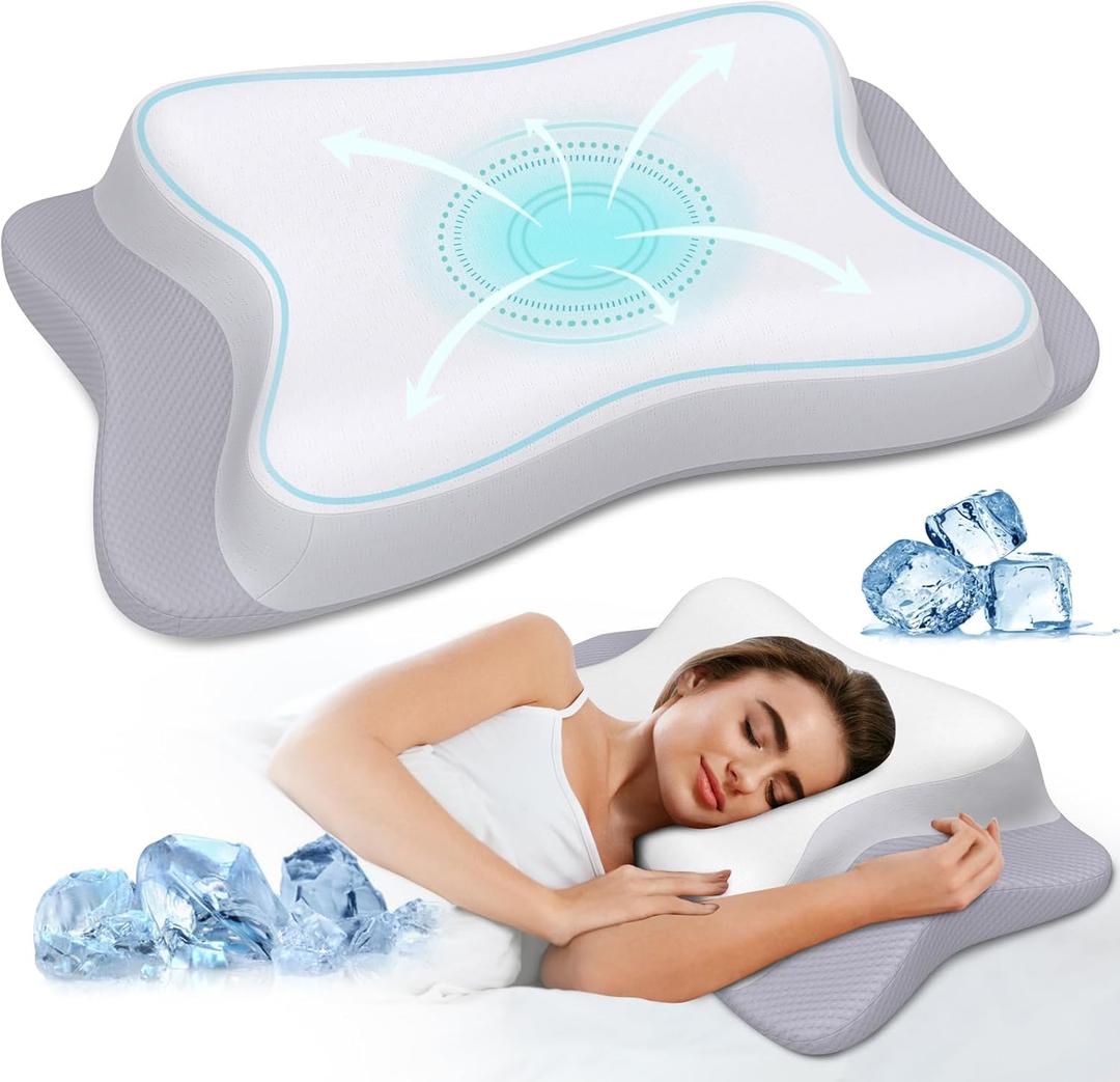 Ergonomic Memory Foam Neck Pillow with Cooling Case - Adjustable Orthopedic Contour Support for Side, Back, Stomach Sleepers