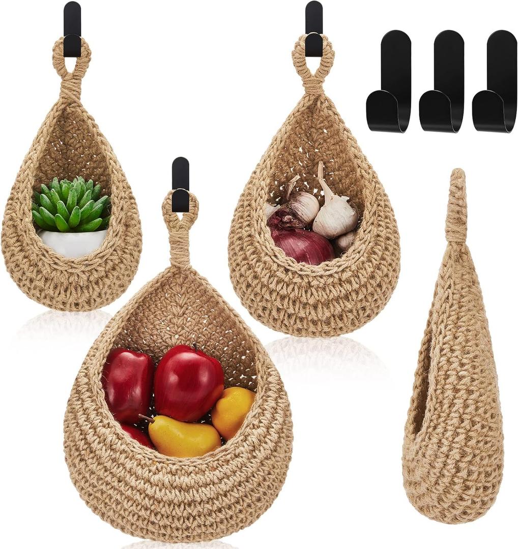 Honeydak Boho Decor Hanging Wall Baskets for Kitchen 3 Pack Teardrop Baskets with Hooks Storage Fruit Onion Vegetable Potato for Home 3 Sizes(Light Linen,Teardrop,Cotton Rope)