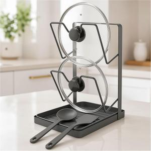 Pot Lid Holder, 2-Tier Countertop Rack with Grooved Drip Tray | Designed for compact kitchen counters where hot lids, drips, spoons, and spatulas need one organized landing spot