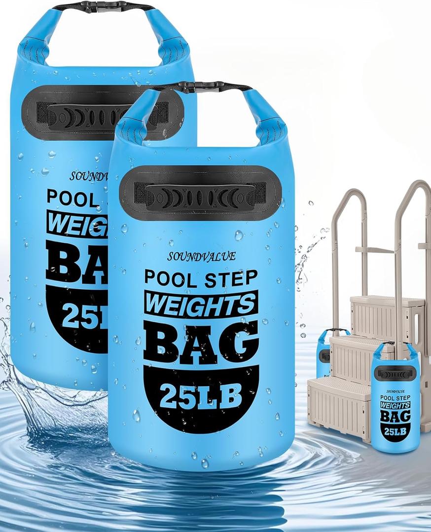 2 Pack 25lb Heavy Duty Pool Ladder Weights, Sand Fillable Universal Sand Bags Step Anchors, 500D PVC Durable Waterproof & Foldable Sandbags for Above Ground Swimming Pools Stair, with Handle(Sky Blue)
