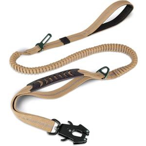 Joytale Tactical Dog Leash Heavy Duty, 4-6FT Shock Absorbing Bungee Lead with 2 Padded Handle, Metal Carabiner Clip, Car Seatbelt, Strong No Pull Leash for Medium Large X-Large Dogs, Coyote Brown