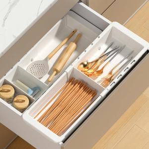EooUooIP Sliding Drawer Tray with Adjustable Dividers, Expandable Kitchen Storage Organizer, Sliding Drawer Bin, Expandable Drawer Organizer, 2 PCS Drawer Organizer Trays For Utensils, Flatware, Junks