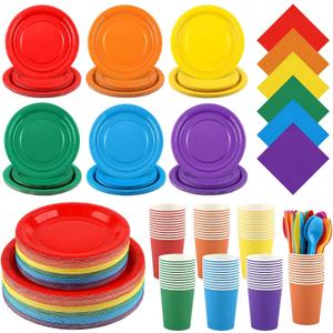 Kochorie 504 Pcs Rainbow Party Supplies Set, Colorful Disposable Paper Tableware Set 7 inch & 9 inch Plates Cups Napkins Cutlery for Birthday Baby Shower Rainbow Neon Party Decorations, Serve 72