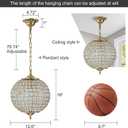 Gold Globe Crystal Chandelier, 12.6" Vintage Sphere Globe Chandelier Pendant Light Small Flush Mount Ceiling Light for Foyer Entryway Hallway Dining Room, 12.6"W X 15.9"H
