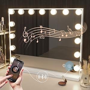 Hansong Vanity Mirror with Lights and Speaker22.8''x18.4'' Hollywood Makeup Mirror with 15 LED Bulbs Lighted Vanity Nakeup Mirror 3 Lighting Modes 10X Magnification White