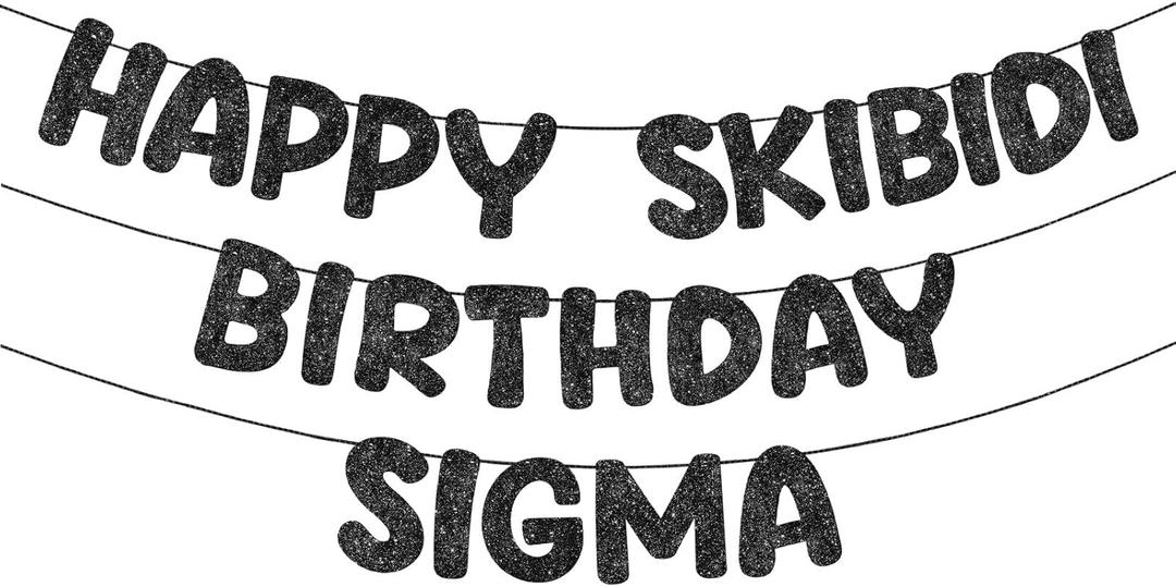 Fulmoon Pre Strung Happy Skibidi Birthday Sigma Banner Glitter Funny Zoomer Gen Z Slang Birthday Party Supplies Gen Z Slag Party Decorations Sign Gift(Black)