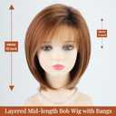 RENERSHOW Layered Mid-length Bob Wig with Bangs Straight Auburn Highlighted Synthetic Wigs for White Women 12inch Warm Orange Blend Hair with Dark Roots Average Size Natural Daily Party Wig