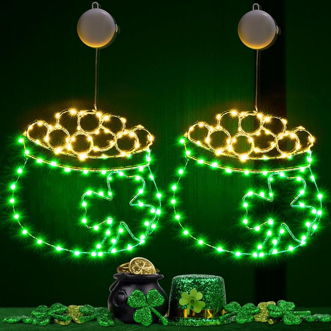 BlcTec St Patricks Day Decorations, 2 Packs 90LED 13inch Big Pot of Gold Window Lights with Suction Cups, Battery Operated Durable Metal Frame Silhouette Lights for Saint Patricks Day Window Dcor