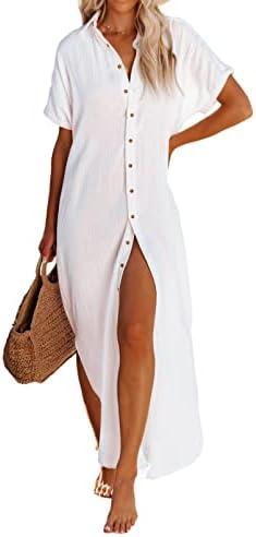 Dokotoo Womens Casual Short Sleeve Side Split Button Down Long Kimonos Cardigans Swimsuit Cover Ups Summer Beach Dress.S